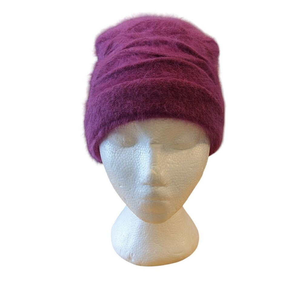 Angora Wool Blend Womens Beanie Hat Cap Magenta One Size Fuzzy Soft Cabincore